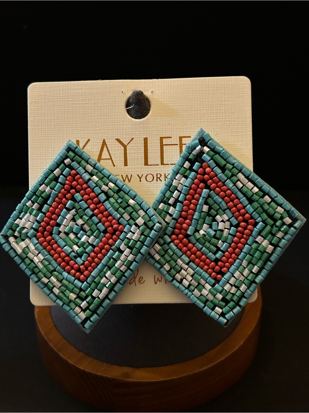 Unique Turquoise, Coral & Green Handmade Beaded Diamond-Shaped Earrings NWT